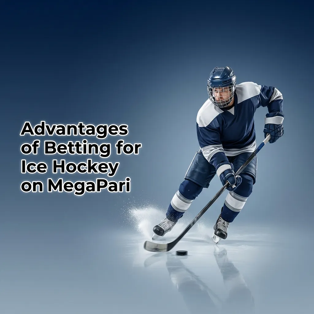 Infographic listing MegaPari ice hockey betting perks: broad leagues, rich markets, live odds, INR banking, mobile app, stats, tools.