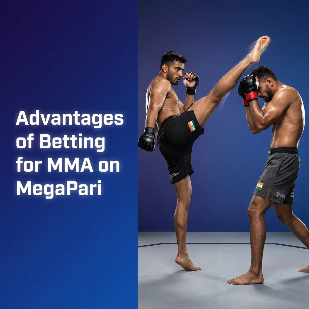 Infographic highlighting MegaPari MMA betting perks like wide events, INR payments, mobile apps, live cash out, and stats