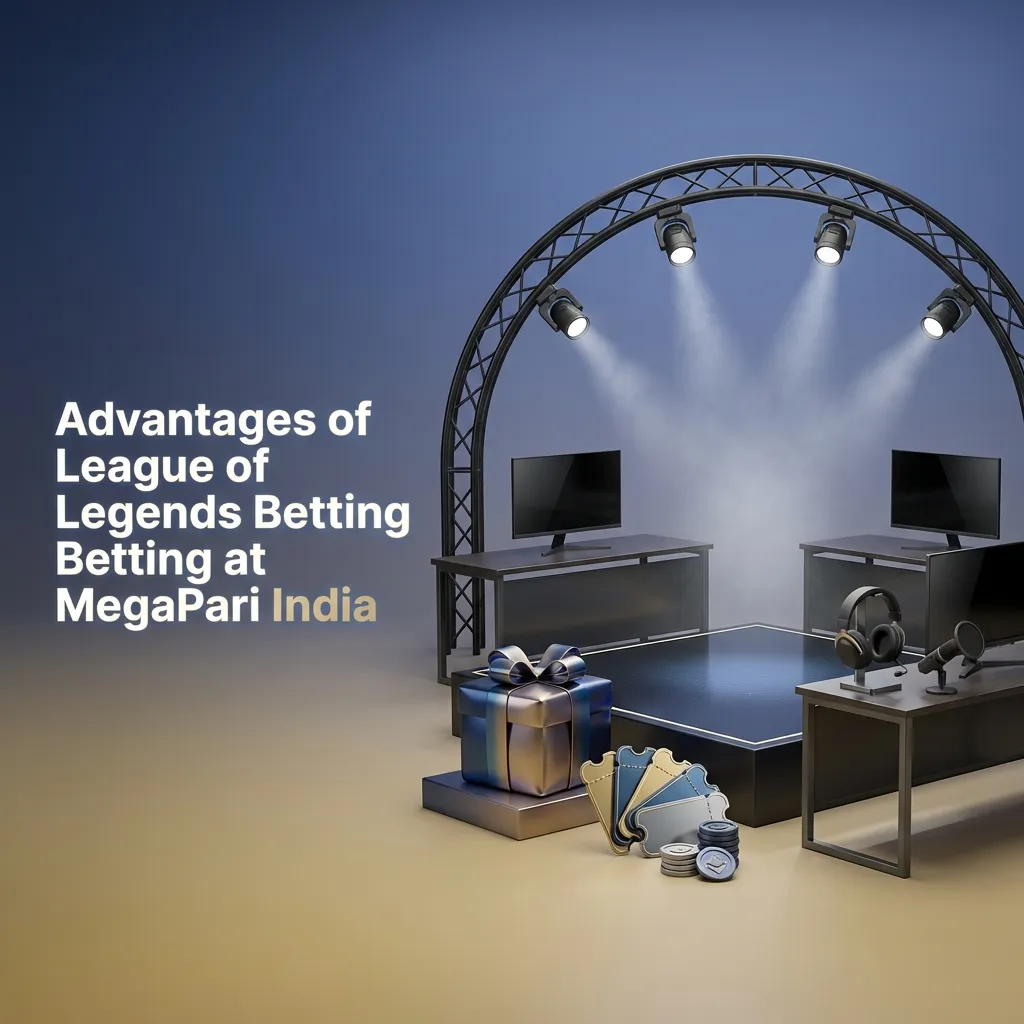 Infographic listing MegaPari India’s benefits for League of Legends betting: bonuses, local payments, odds, app, 24/7 support