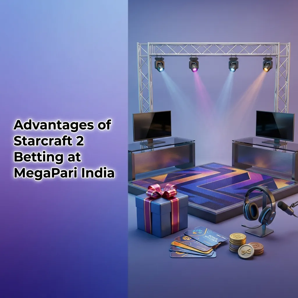 Promo banner for StarCraft II betting at MegaPari India highlighting bonuses, INR payments, mobile app, odds, and support