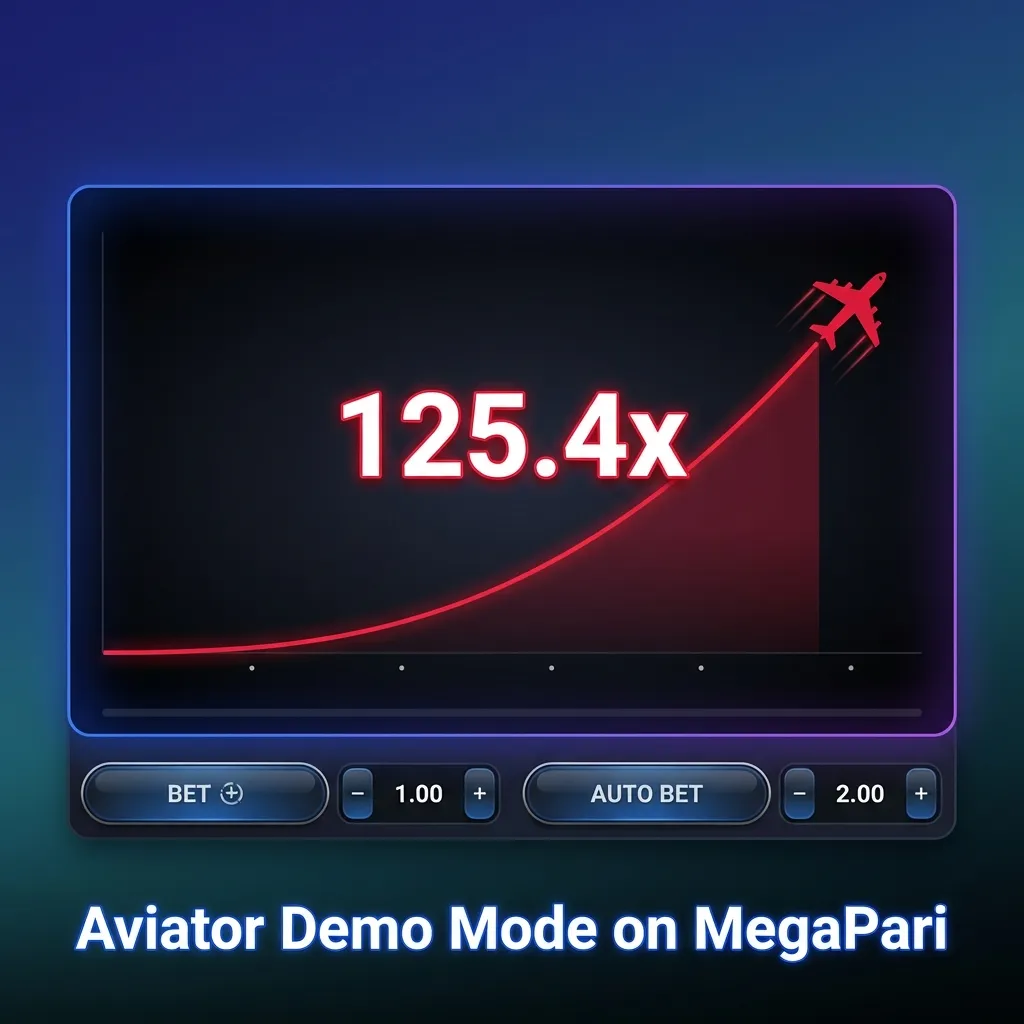Aviator demo mode on MegaPari interface showing rising multiplier and plane animation with virtual demo balance visible