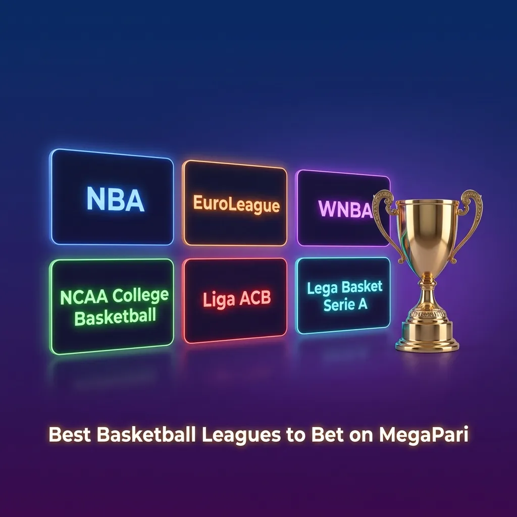 Smartphone showing MegaPari basketball betting leagues list with NBA, EuroLeague and FIBA options displayed