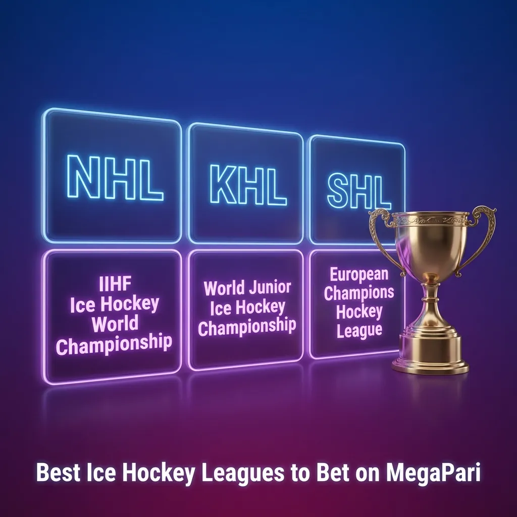 Graphic listing top ice hockey leagues to bet on at MegaPari, including NHL, KHL, IIHF Worlds, Olympics, and European leagues