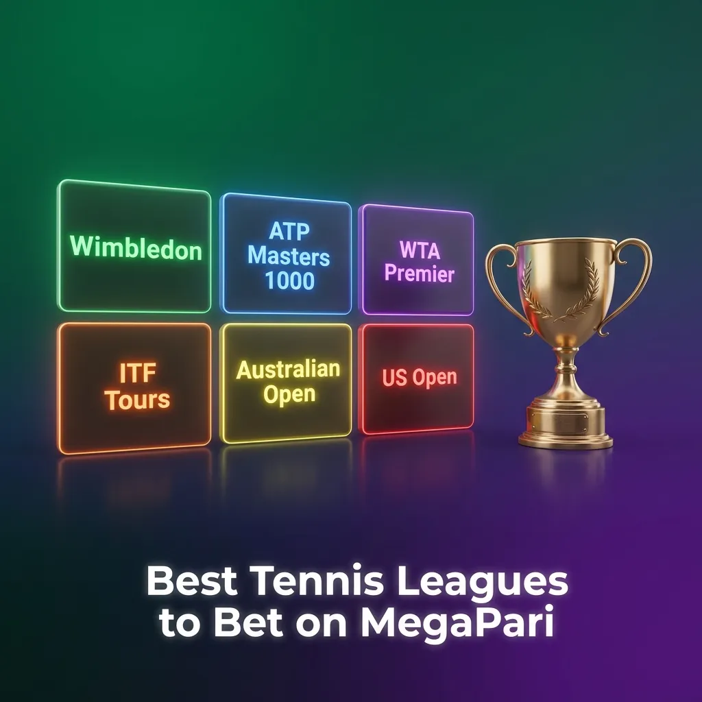 Graphic listing top tennis tournaments and tours worldwide to bet on at MegaPari throughout the season