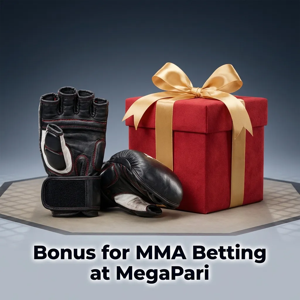Promo banner for MegaPari MMA betting bonus showing welcome offer details and terms for new sports bettors