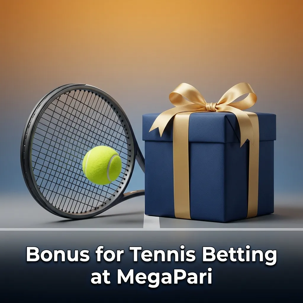 Promo banner for MegaPari tennis betting welcome bonus, highlighting first deposit offer and wagering conditions.