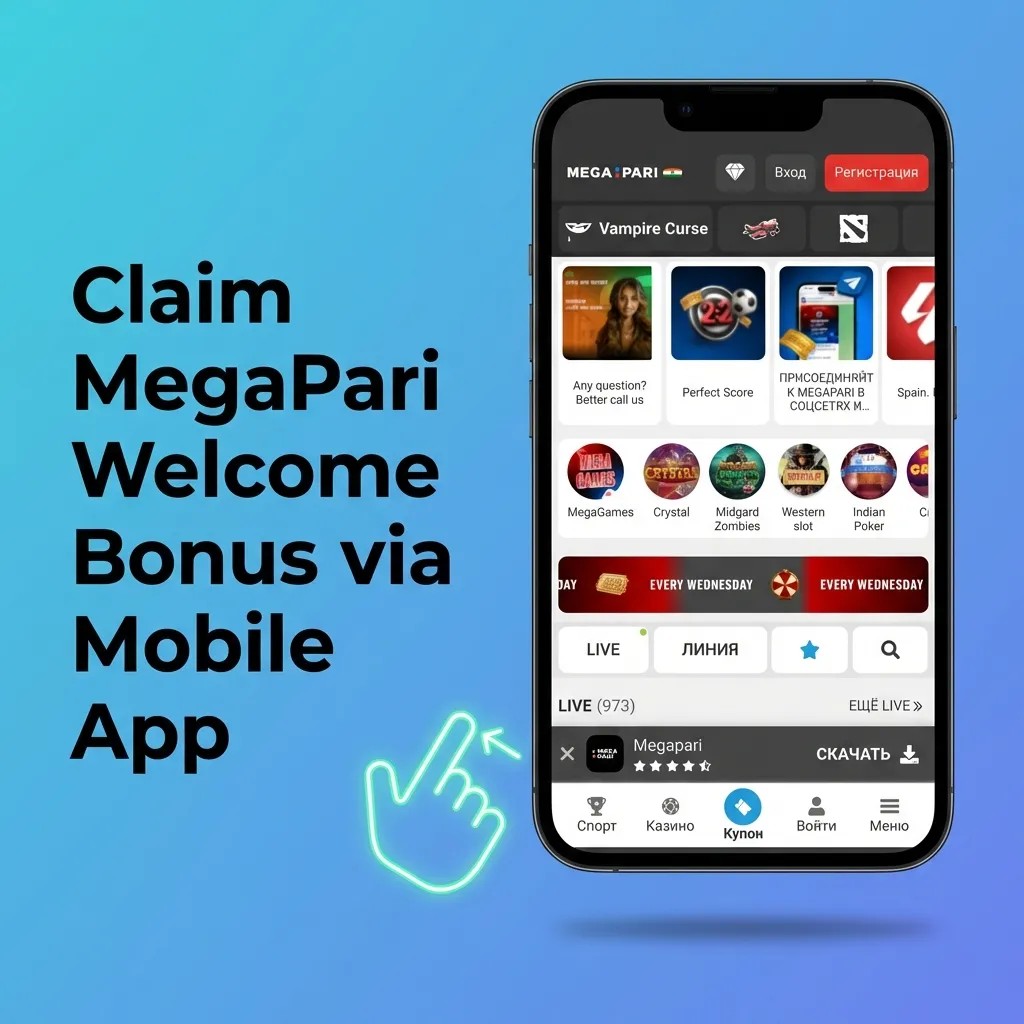 Person using MegaPari mobile app on a smartphone to register, deposit INR, and activate a welcome bonus