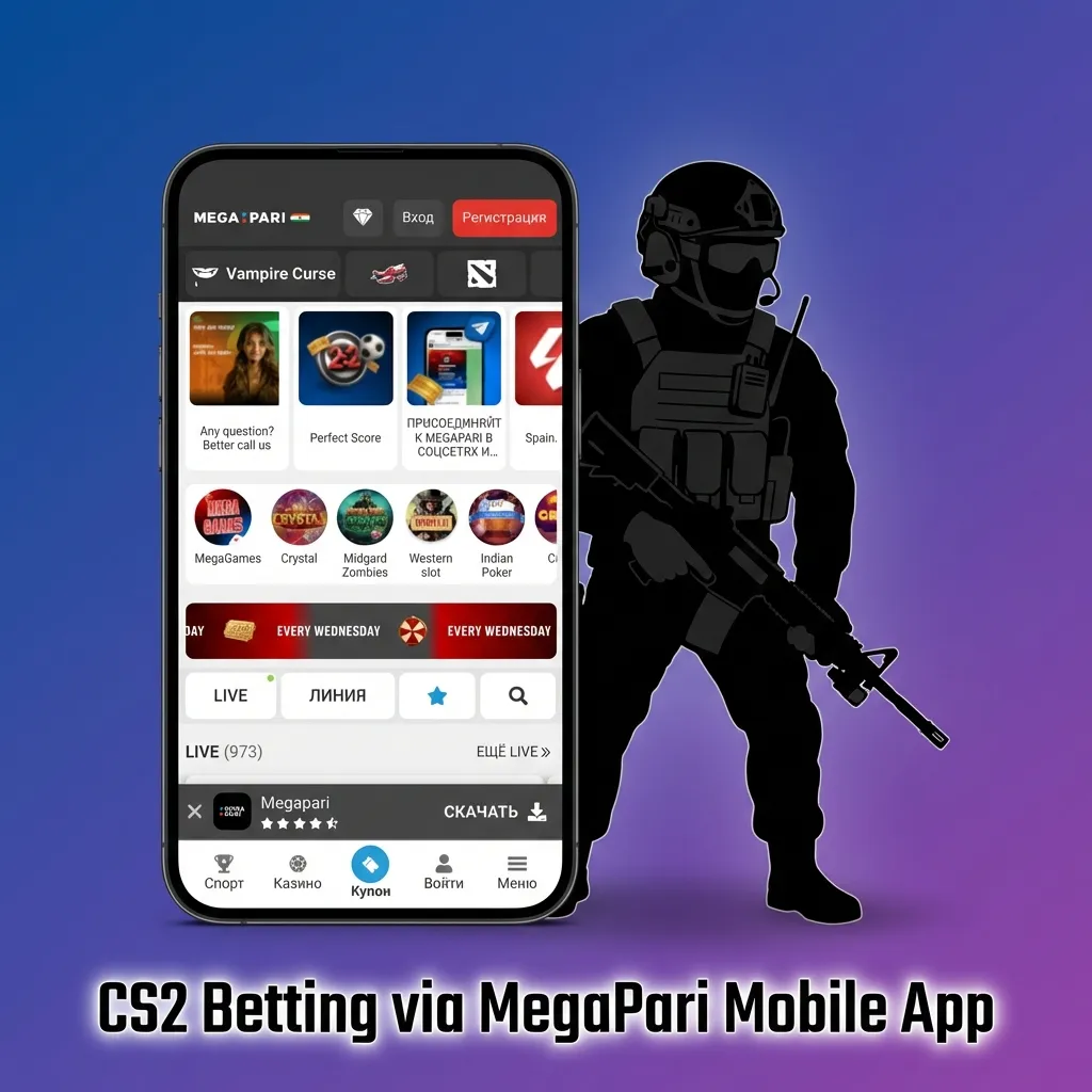 Person using the MegaPari mobile app on a smartphone to place live CS2 esports bets in INR