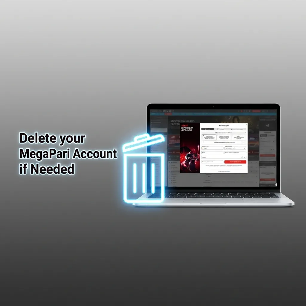 Illustration showing steps to permanently delete a MegaPari betting account and withdraw remaining funds.