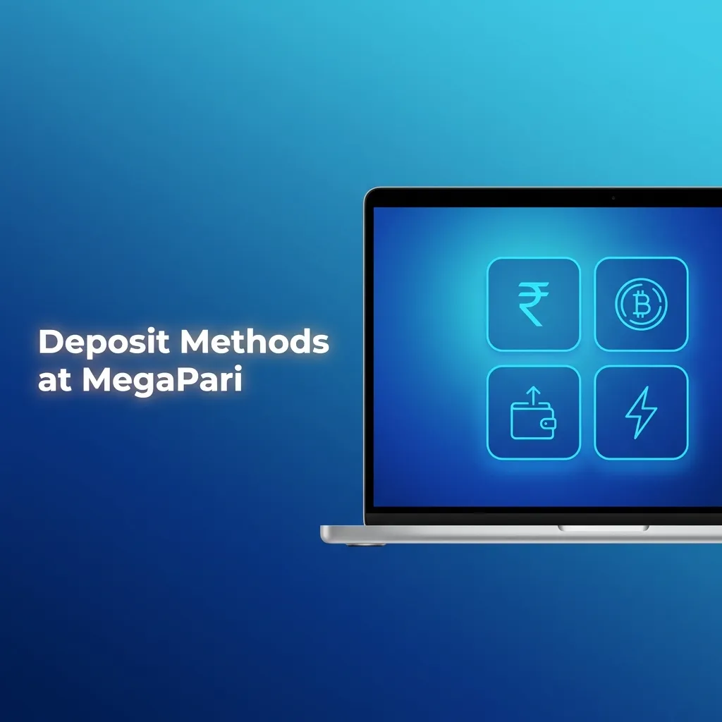 Illustration of MegaPari deposit methods in India, showing UPI, net banking, card and wallet options on a screen