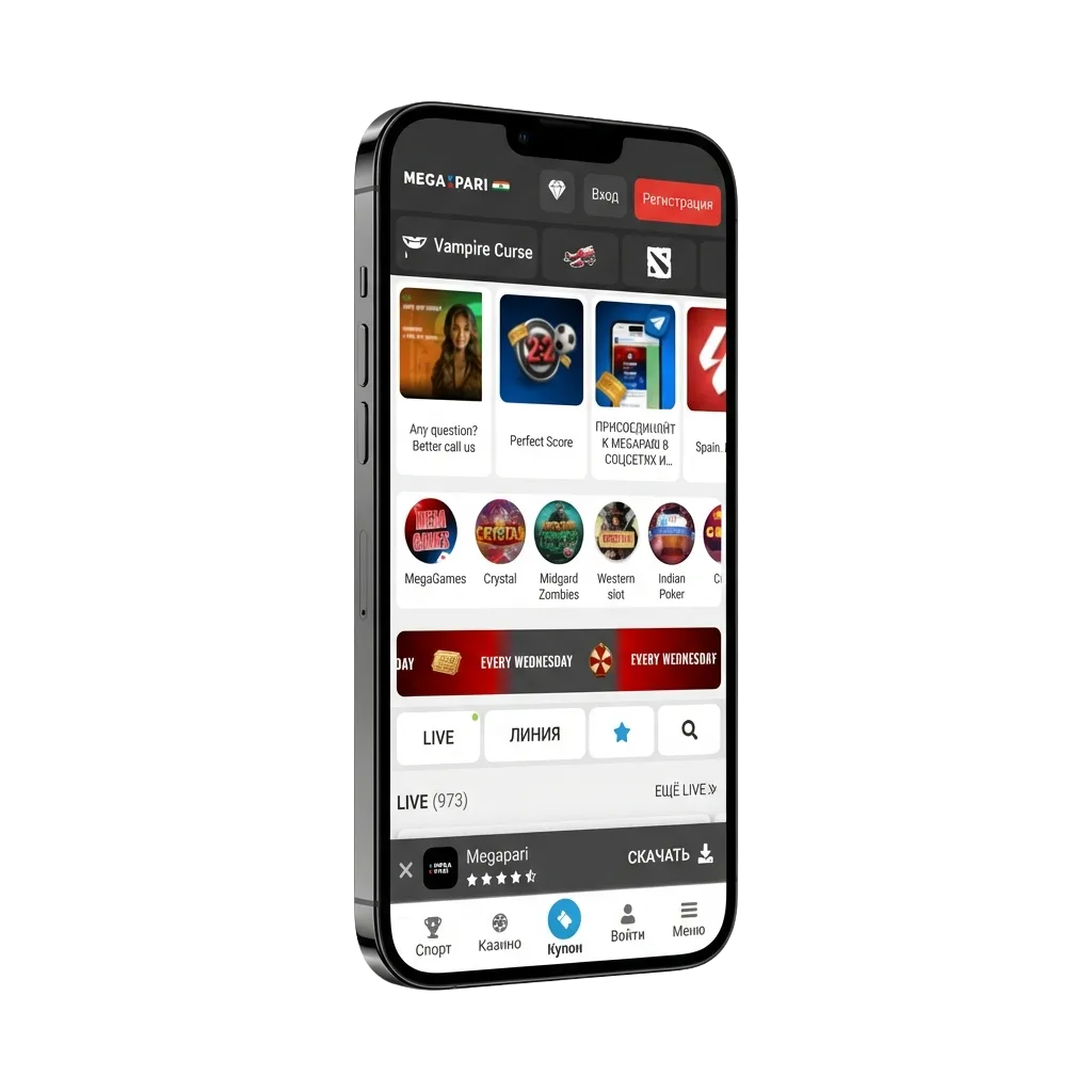 Indian user holding iPhone showing MegaPari betting app with welcome bonus offer in rupees displayed on screen
