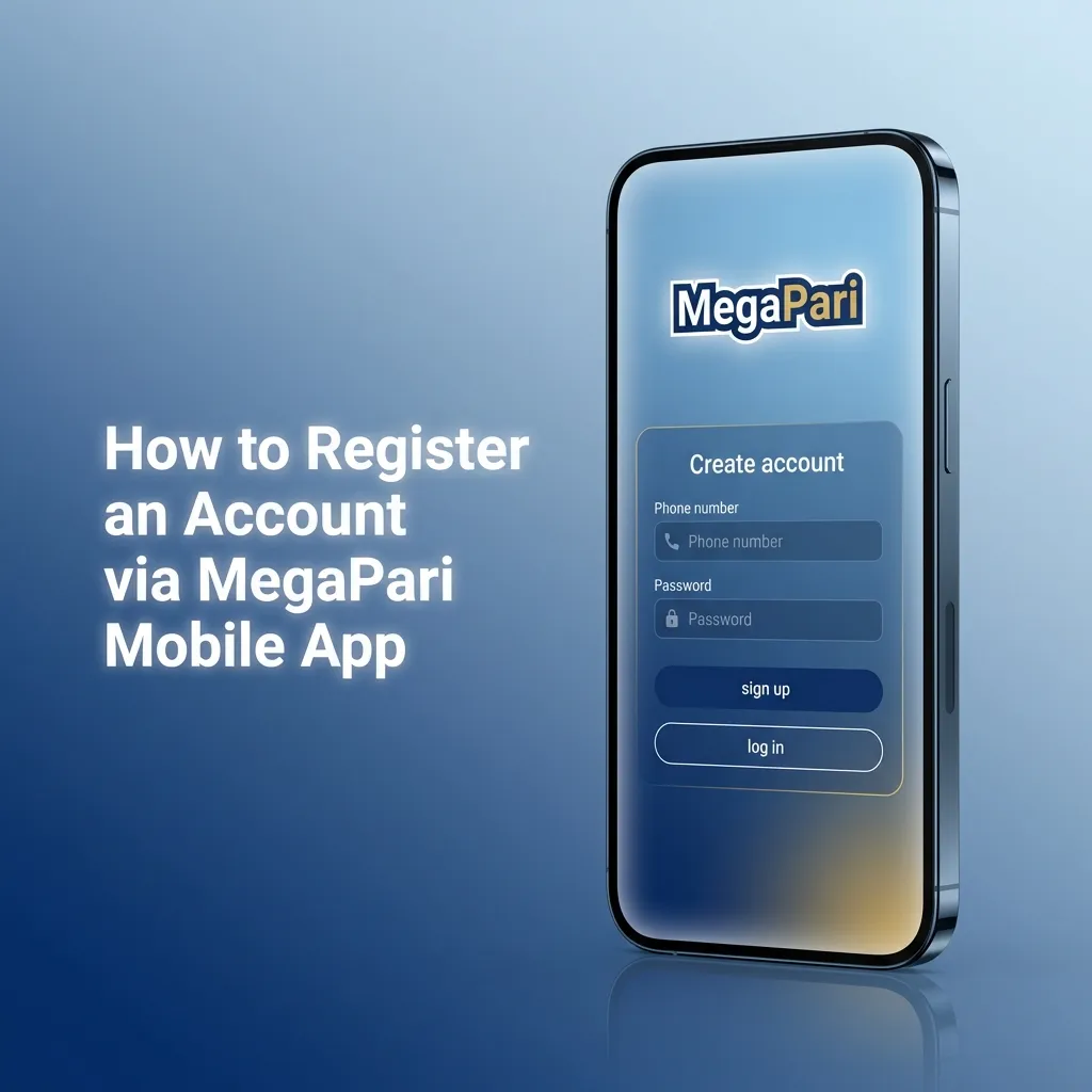 iPhone screen showing MegaPari app registration steps with options for phone, email, one-click, INR, and age confirmation