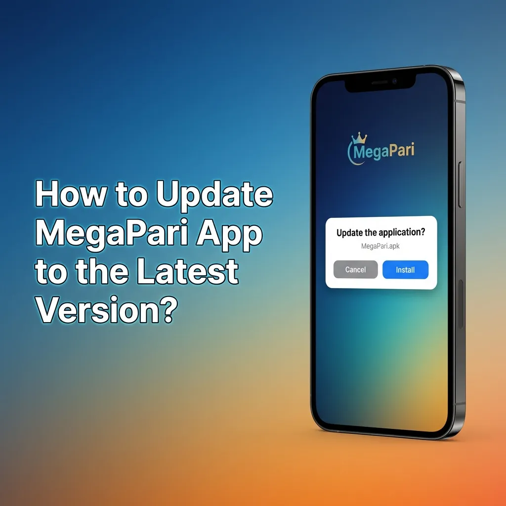 Illustration of updating the MegaPari Android app via APK download, install prompt, and login screen on a smartphone