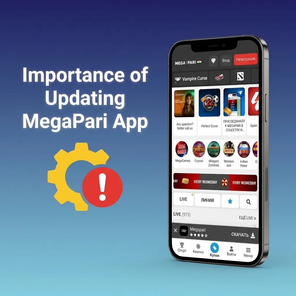 Smartphone screen showing MegaPari app update with icons for security, performance, and new betting features
