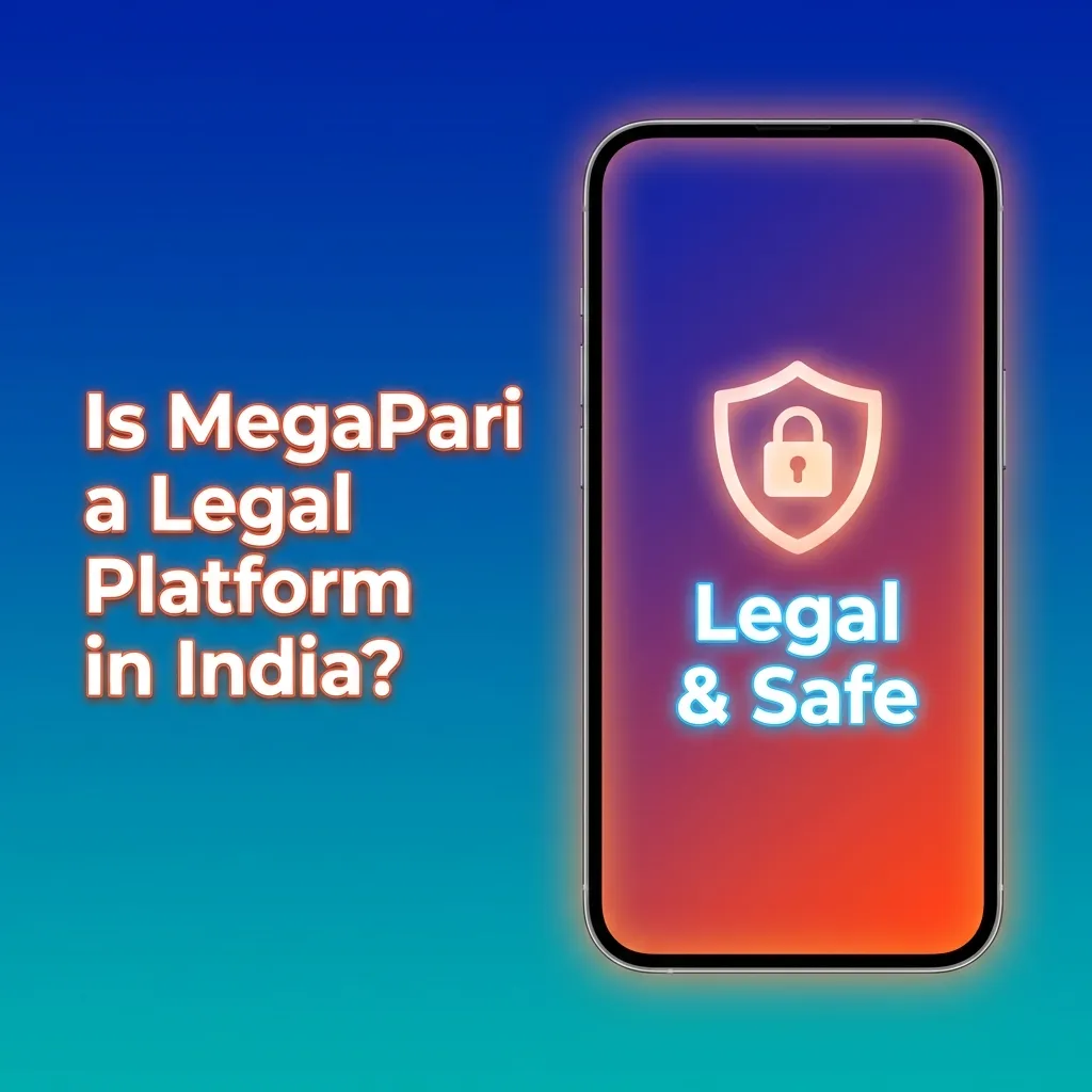 Illustration asking if MegaPari is legal in India, with legal icons, license badge, and 18+ responsible gambling symbols