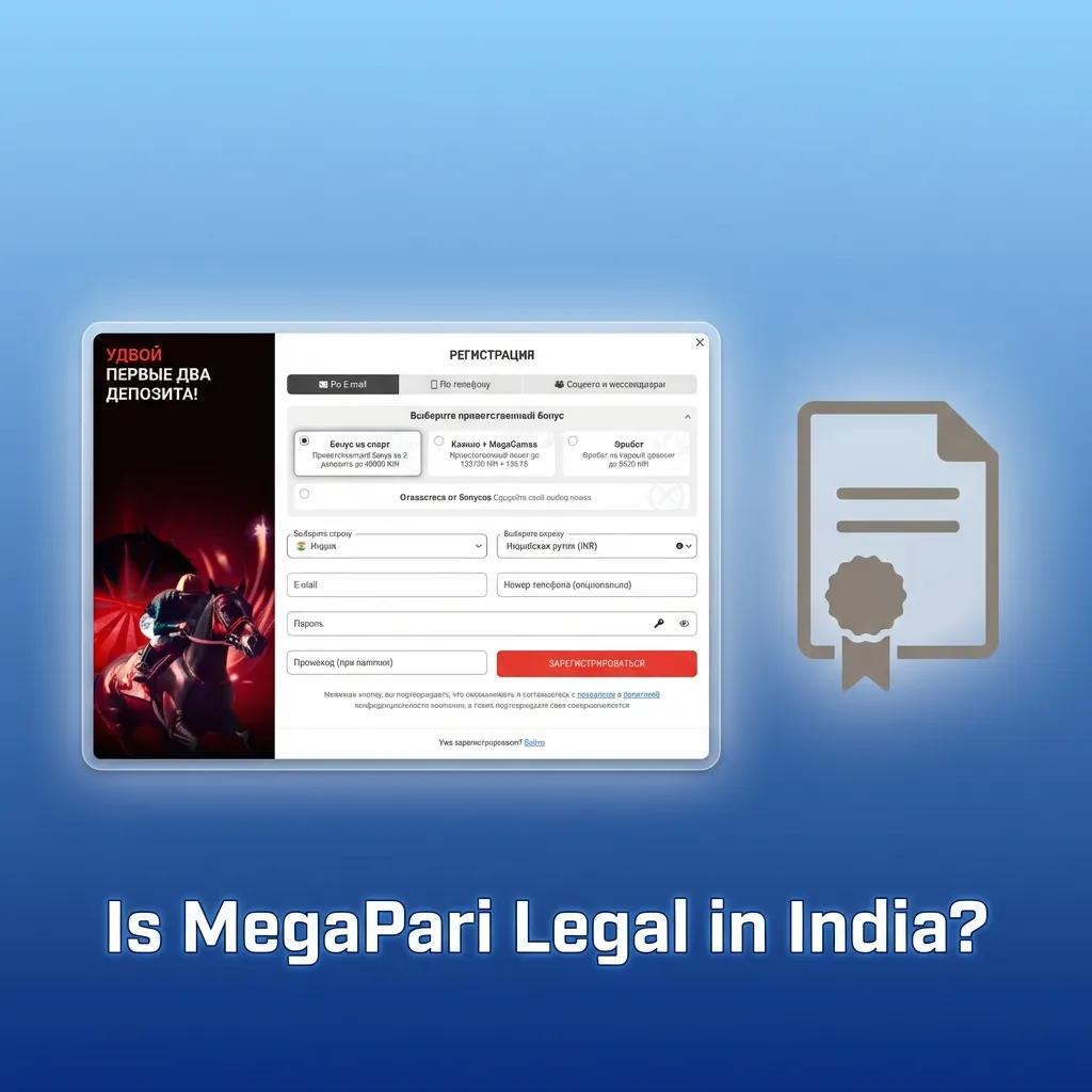 Infographic asking if MegaPari is legal in India, explaining Curacao license and need to check local state gambling laws