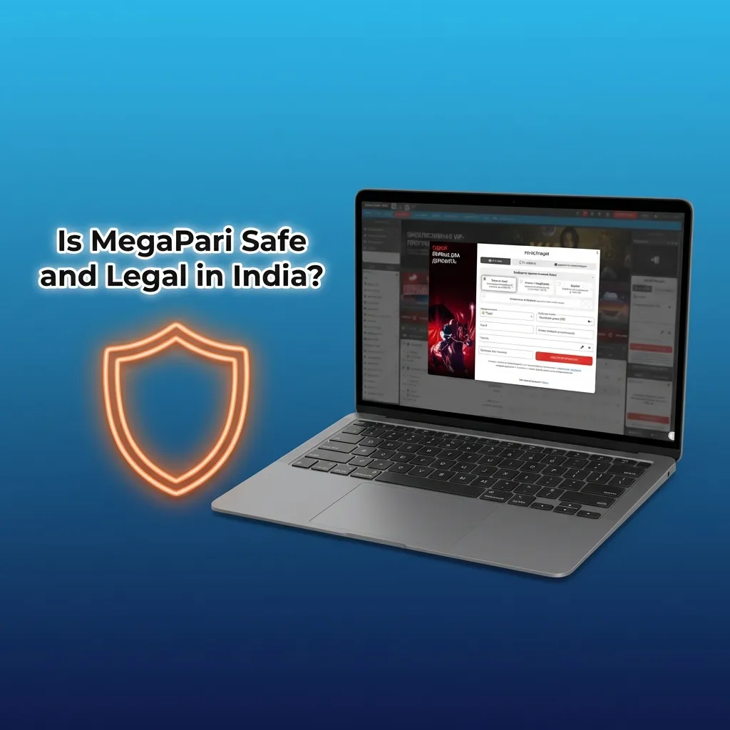 Illustration of MegaPari India site with security lock, Curacao license badge, and responsible gambling icons