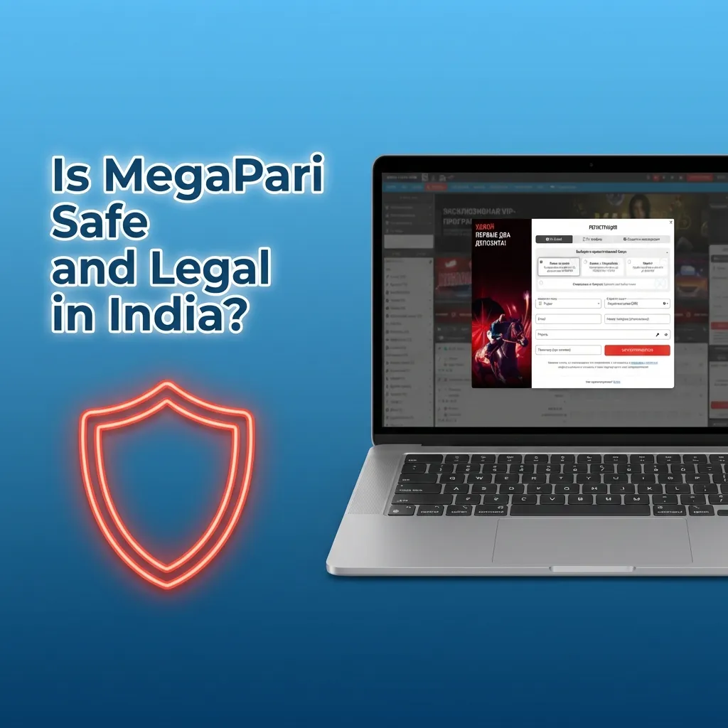Illustration asking “Is MegaPari Safe and Legal in India?” with icons for licence, SSL security, privacy and responsible gambling.
