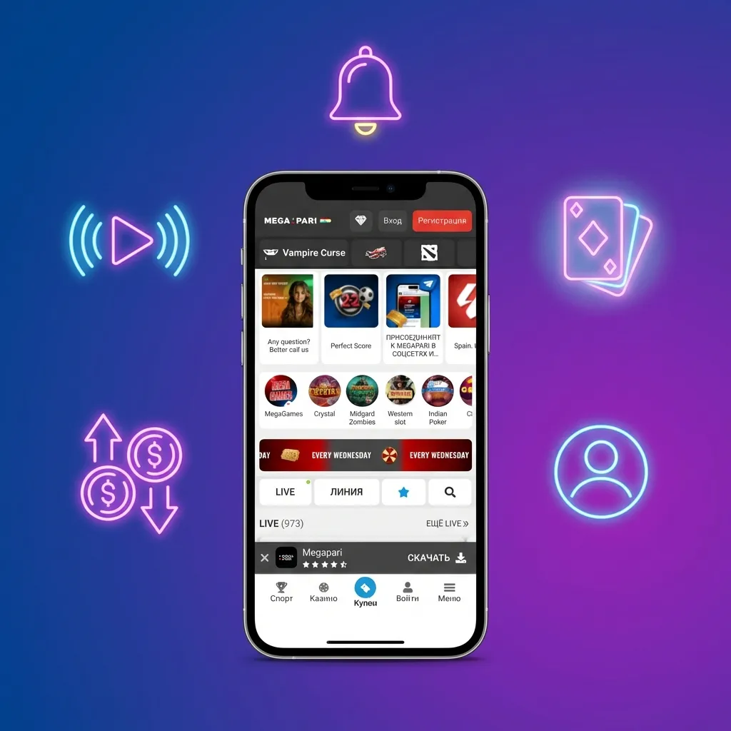 Infographic showing MegaPari iOS app features: INR accounts, local payments, bonuses, sports and casino, live betting, 24/7 support