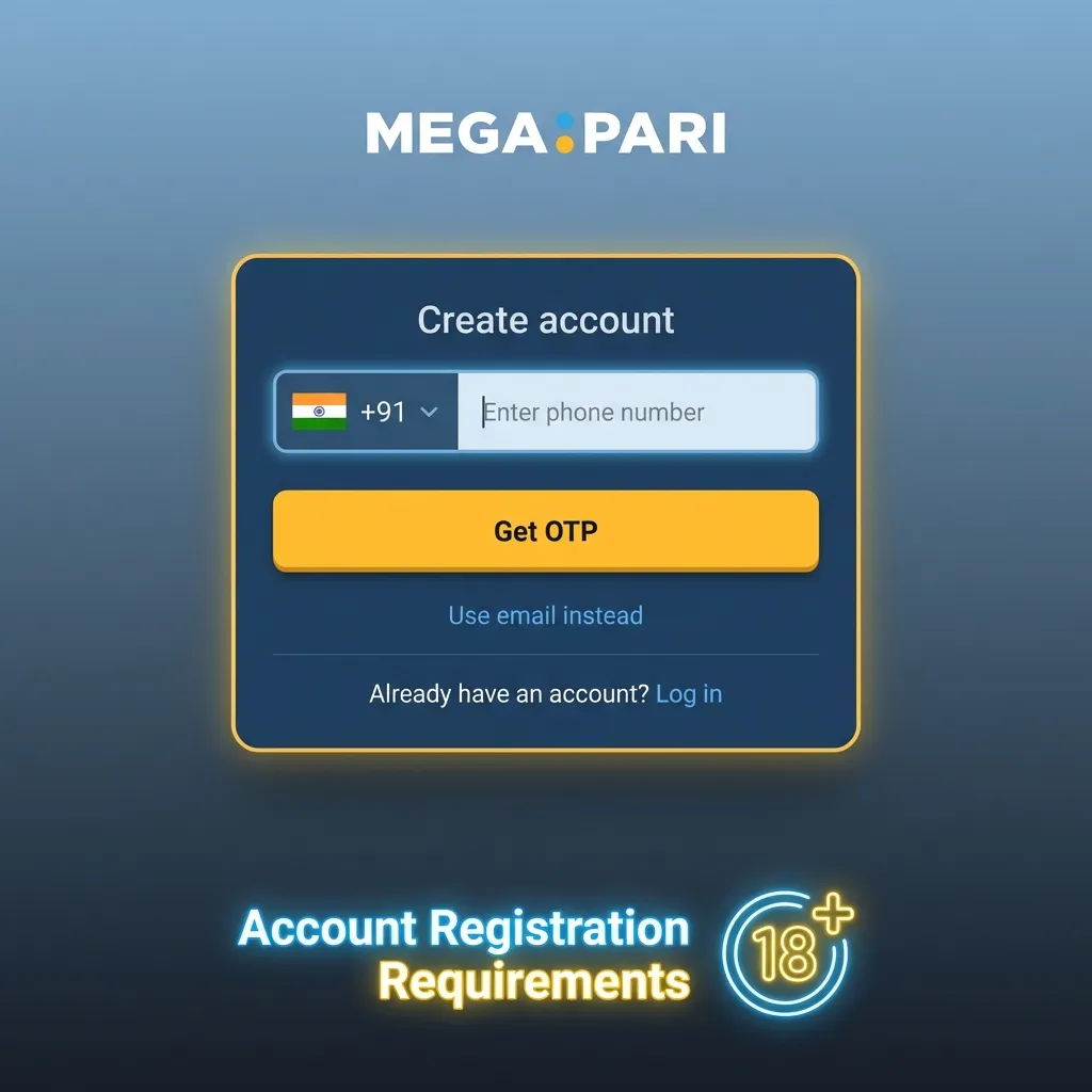 Infographic listing MegaPari India registration rules: 18+, one account, real ID-matching data, legal use, and secure personal access.