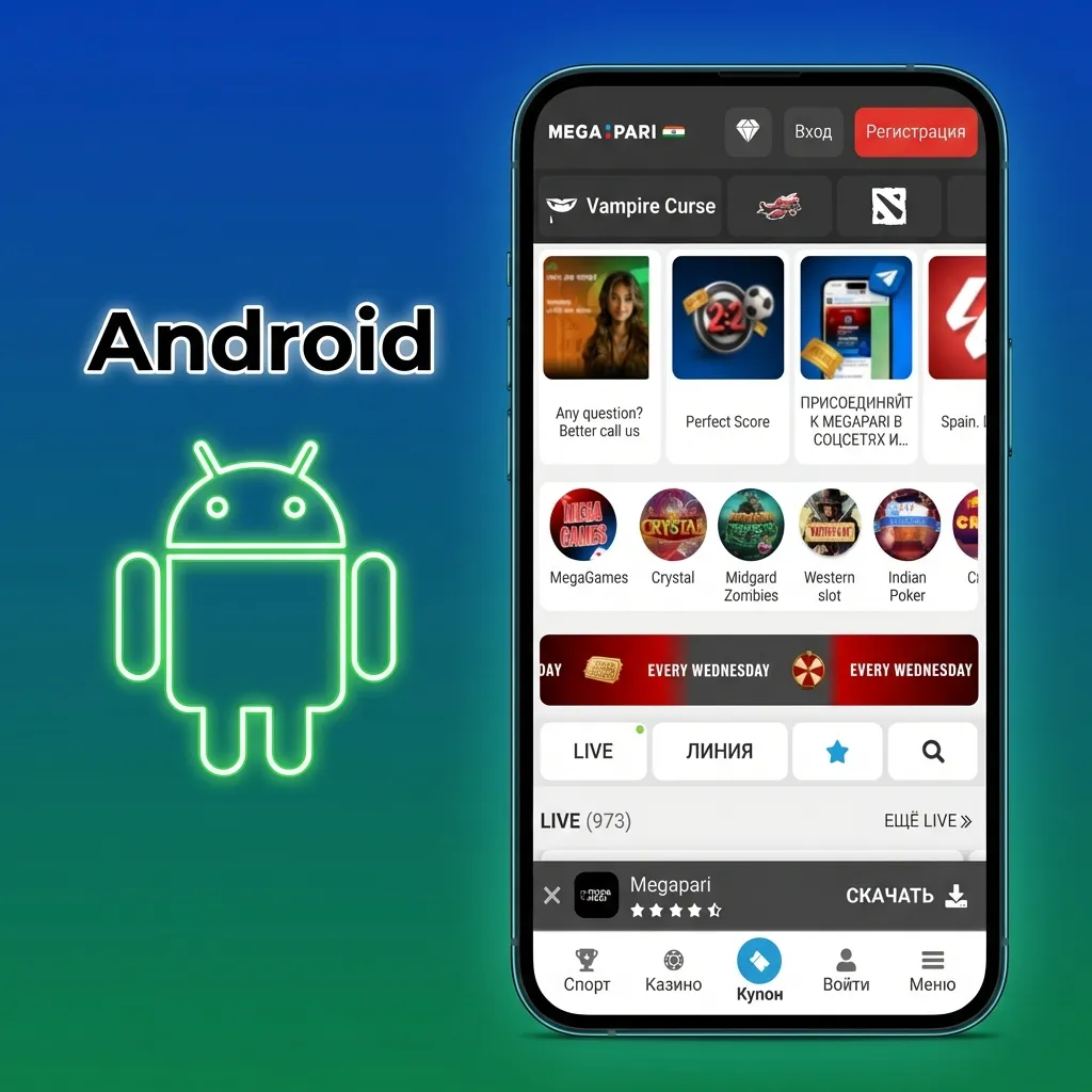 Smartphone screen showing MegaPari India Android app download and installation steps with betting interface icons