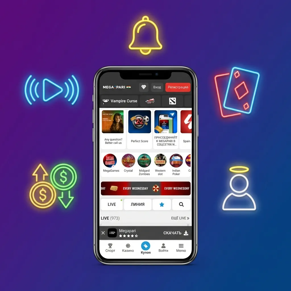 Smartphone screen showing MegaPari app with sports, live betting, casino games, and INR payment options for Indian users