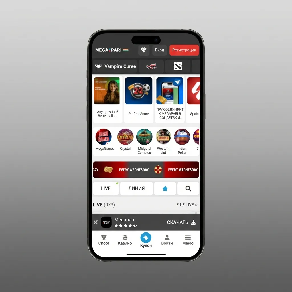 MegaPari app interface showing one-hand layout with tabs, odds, bet slip, balance, and cashier for quick betting