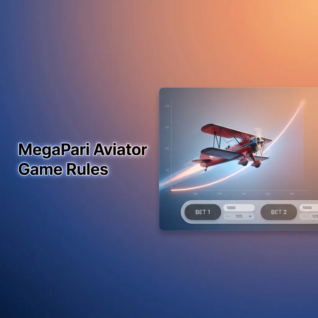 Illustrated MegaPari Aviator screen with red plane, rising multiplier, bet buttons, and cash-out instructions