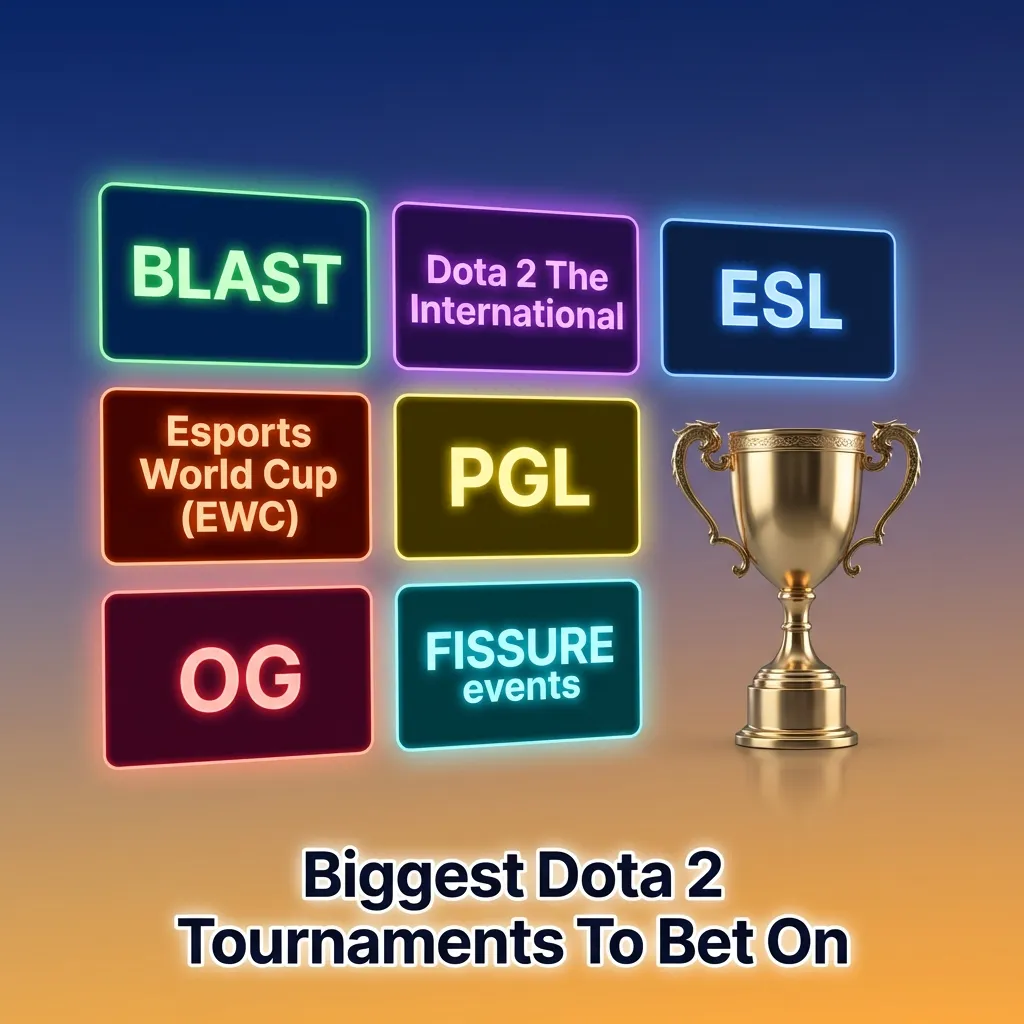 Graphic promoting biggest Dota 2 tournaments to bet on at MegaPari India, including TI, BLAST, ESL, EWC, PGL, and FISSURE