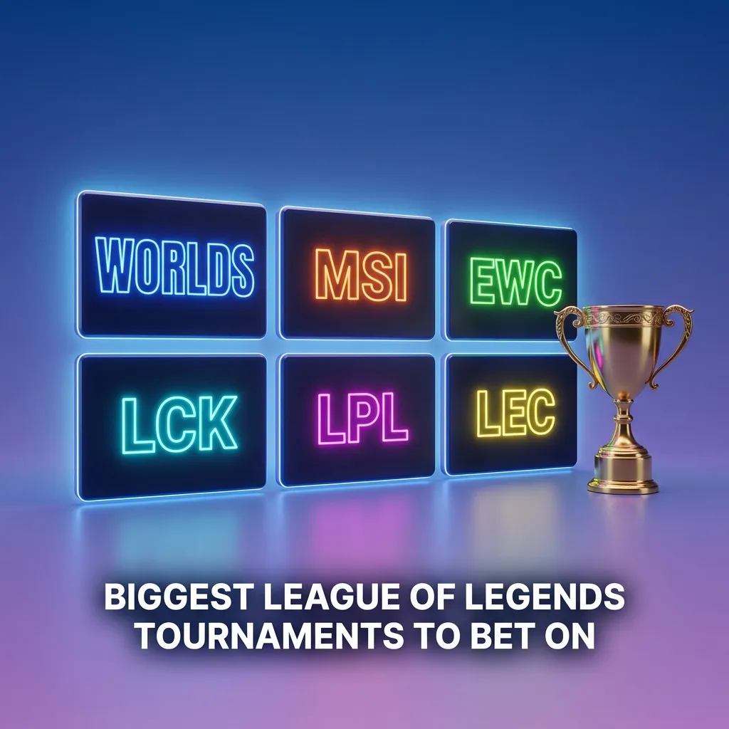 Graphic titled “Biggest League of Legends Tournaments To Bet On” listing Worlds, MSI, EWC, LCK, LPL, and LEC