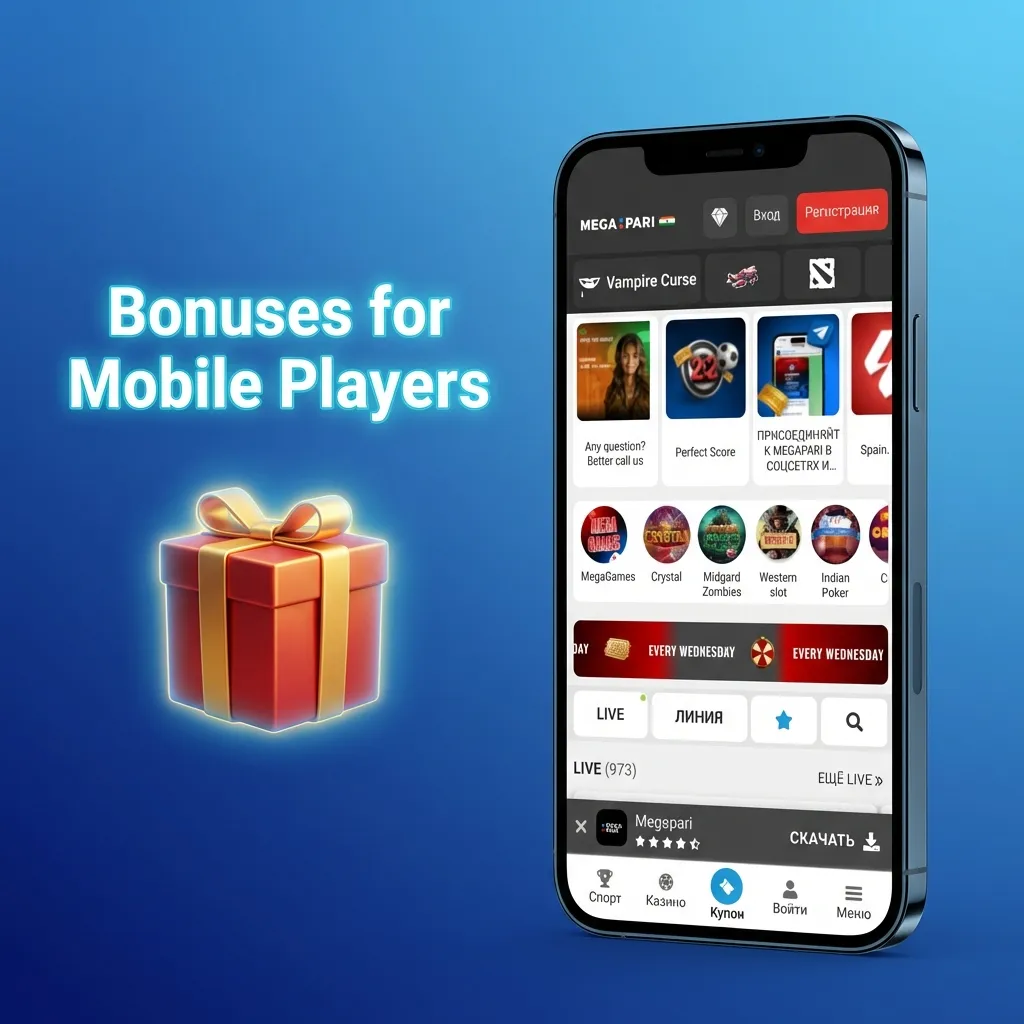 Smartphone screen showing MegaPari app bonus offers for mobile players, including welcome, reload, free bet and no deposit deals.