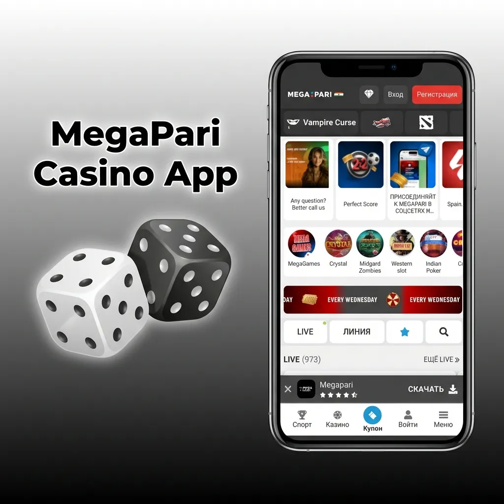 MegaPari casino app interface showing live blackjack and roulette, slots from top studios, and quick switch between sports and casino