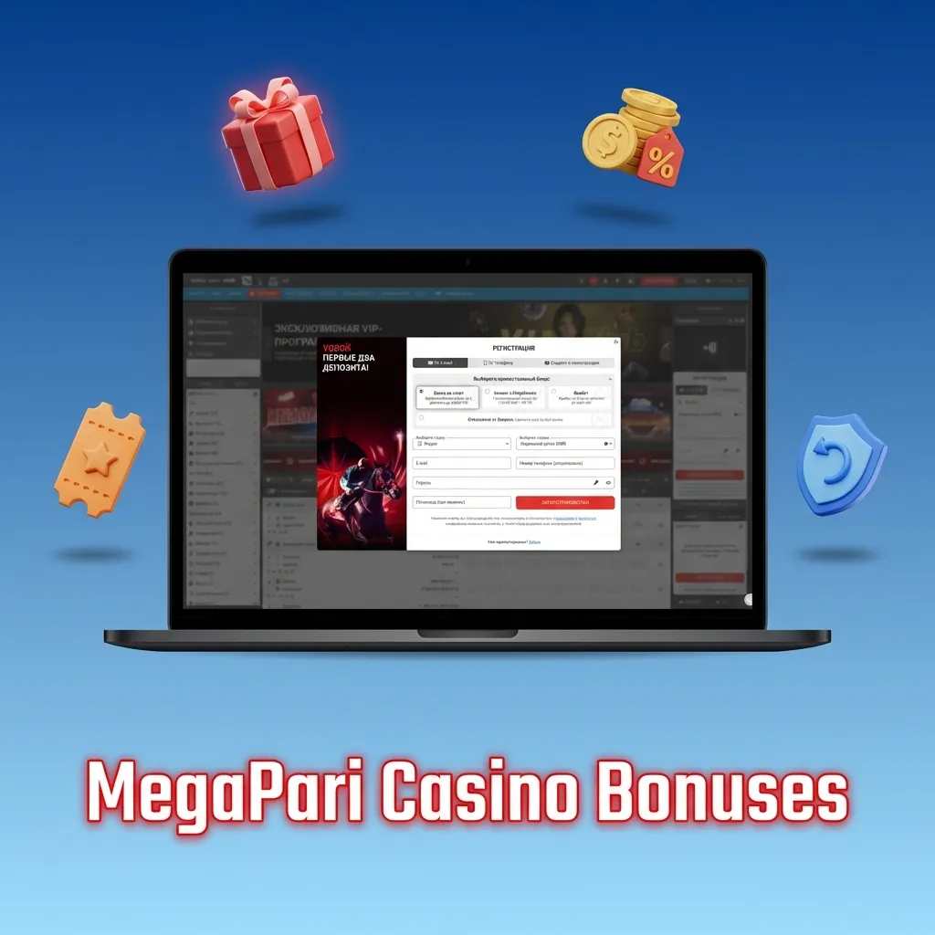 Graphic showing MegaPari India casino bonuses: welcome package, weekly reload, free spins, cashback, and live casino offers