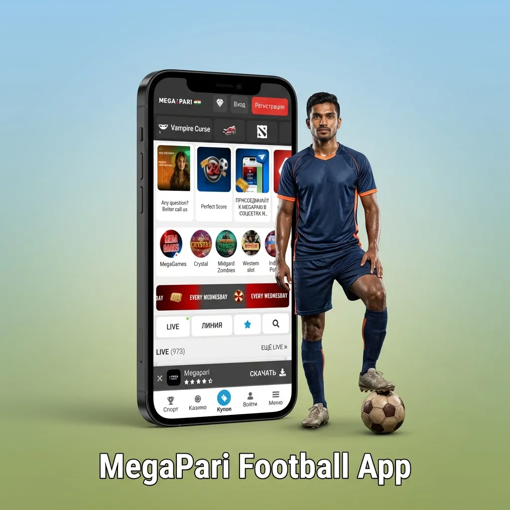 Phone screens showing MegaPari football betting app interface with live scores, odds, and bet slip on Android and iOS