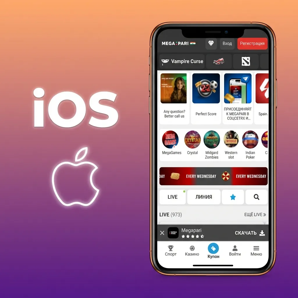 iPhone displaying MegaPari India betting interface in Safari with app download prompt and iOS home screen shortcut icon