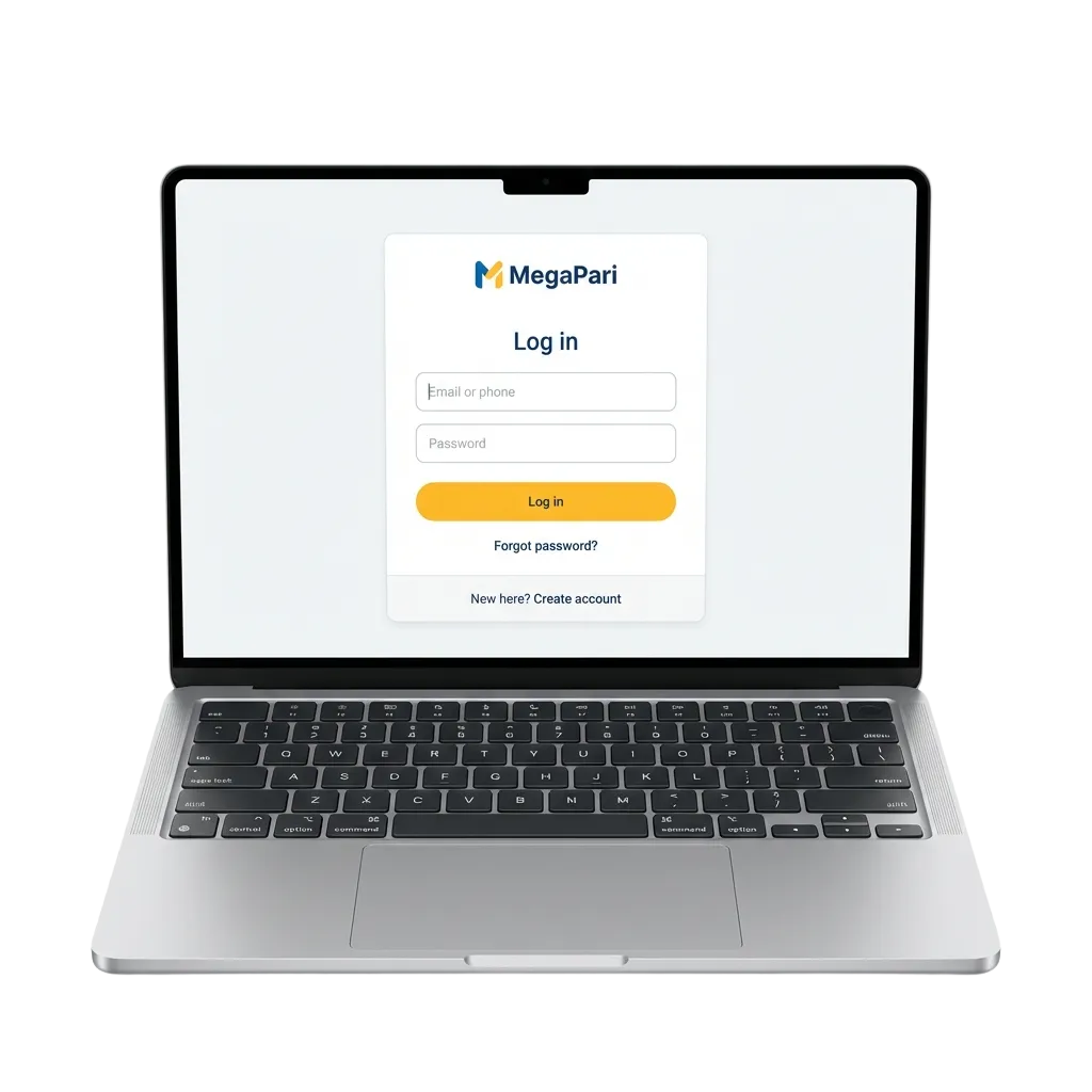 MegaPari login page on phone and laptop for Indian users, showing secure sign-in fields and sports betting options