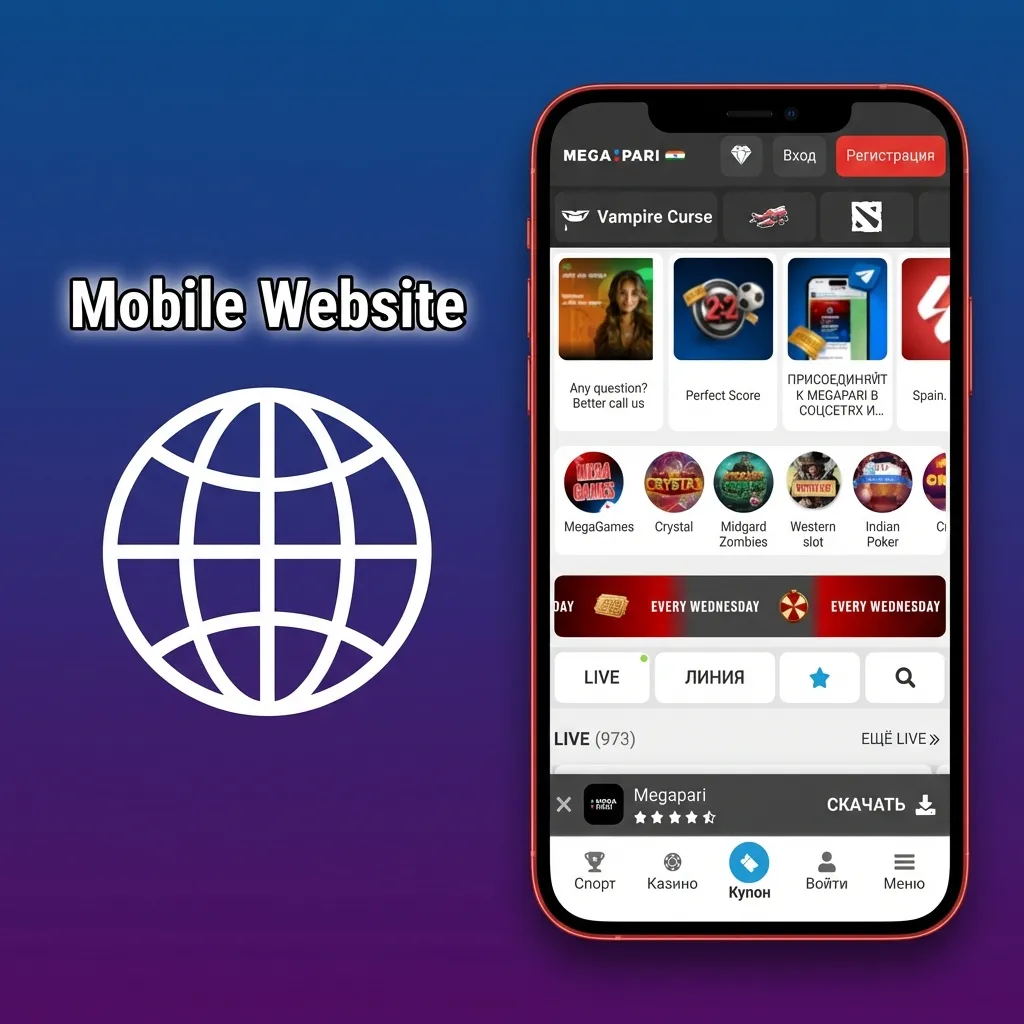 Smartphone showing MegaPari mobile betting site with big buttons, scroll menus and Indian INR balance visible