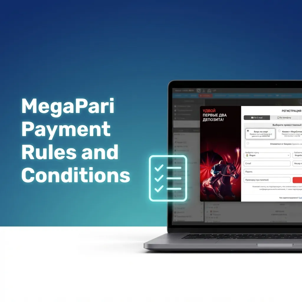 Infographic titled “MegaPari Payment Rules and Conditions” listing KYC, payment method, limits, and bonus wagering rules.