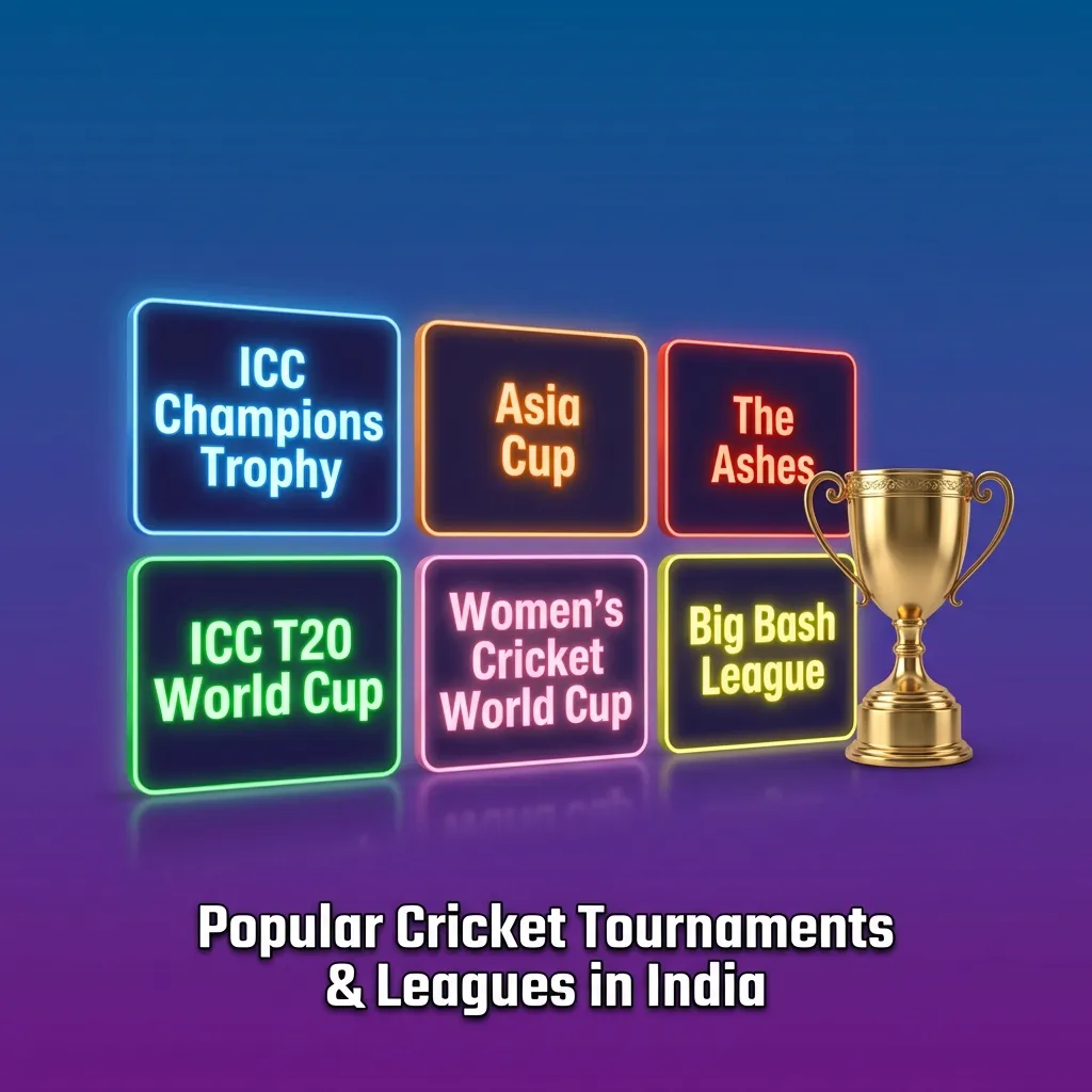 Graphic listing IPL, World Cups, Ashes and T20 leagues for cricket betting on an Indian sportsbook website