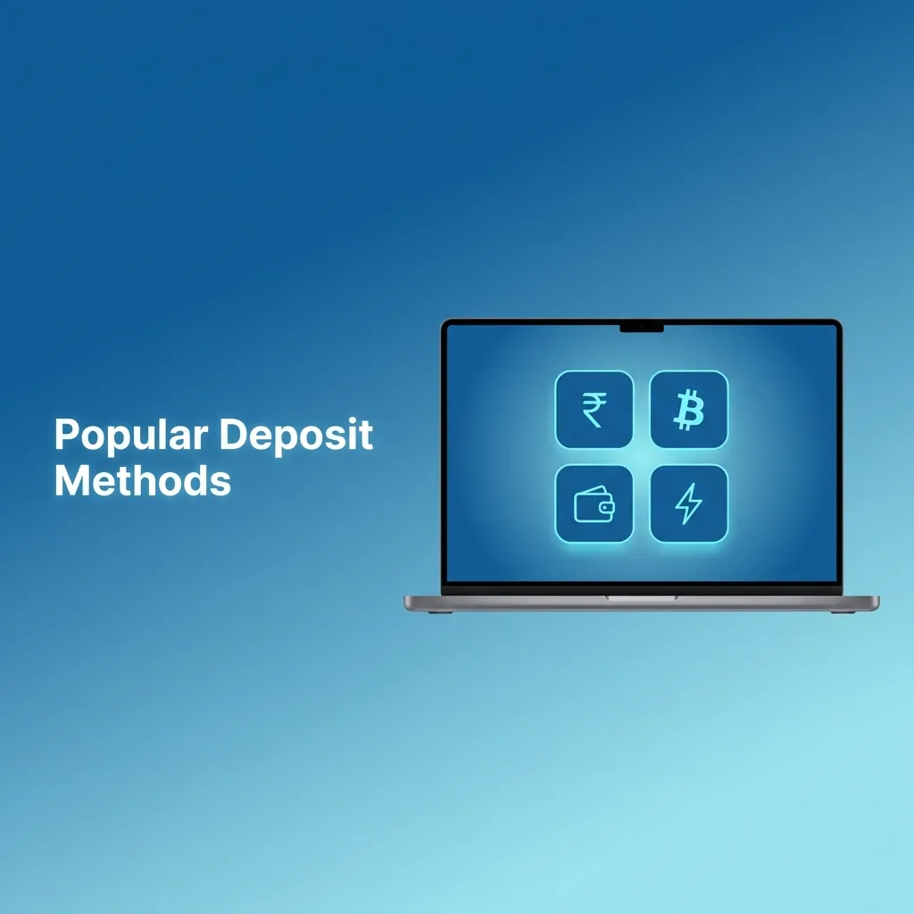 Icons of Visa, MasterCard, e-wallets, and crypto coins labeled as popular deposit methods for Indian betting players