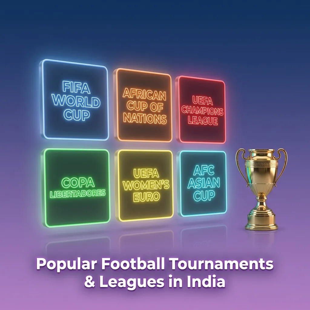 Graphic titled “Popular Football Tournaments & Leagues in India” with global and Indian football logos and betting icons