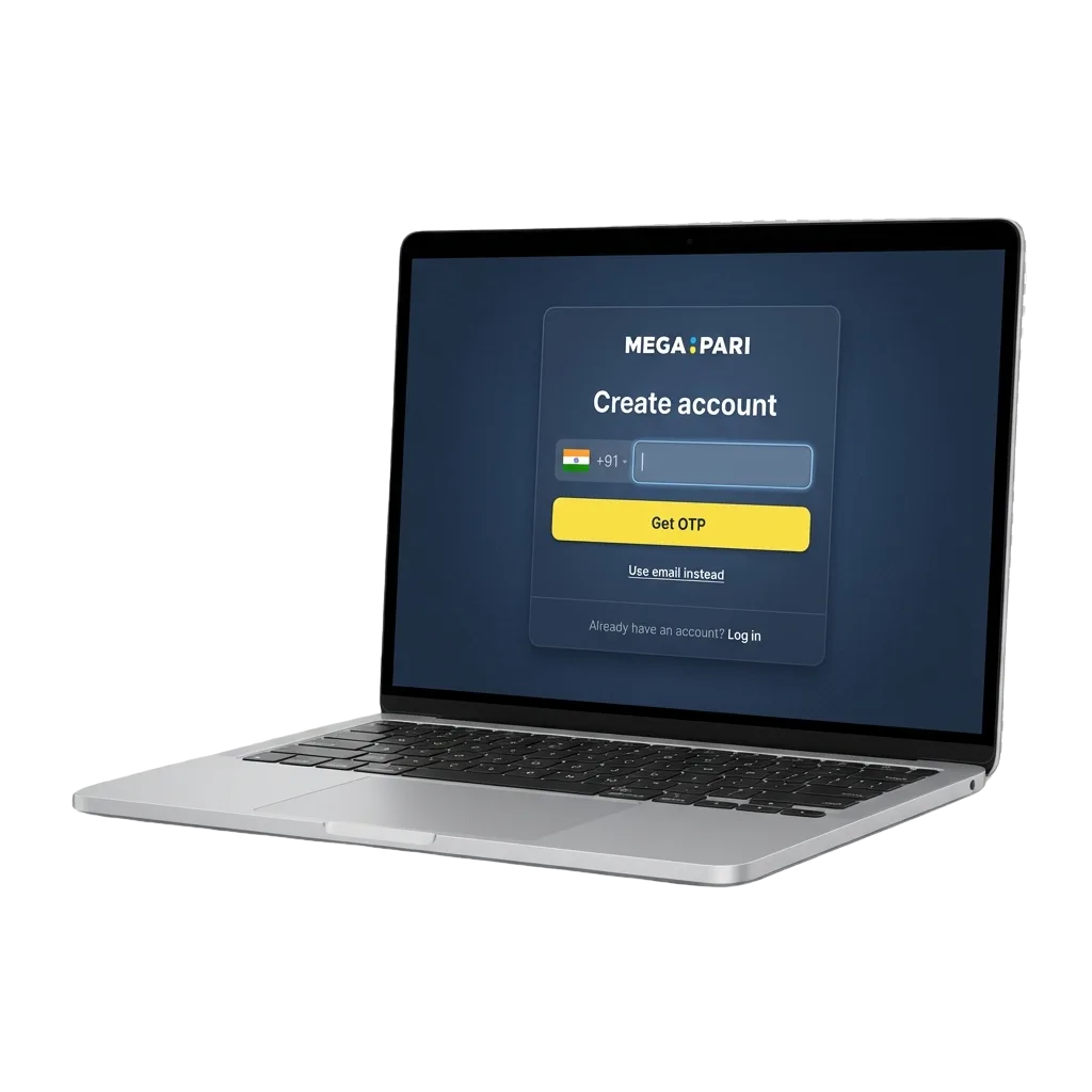 Illustration of MegaPari India registration showing one-click, phone, email, social sign-up and INR welcome bonus steps