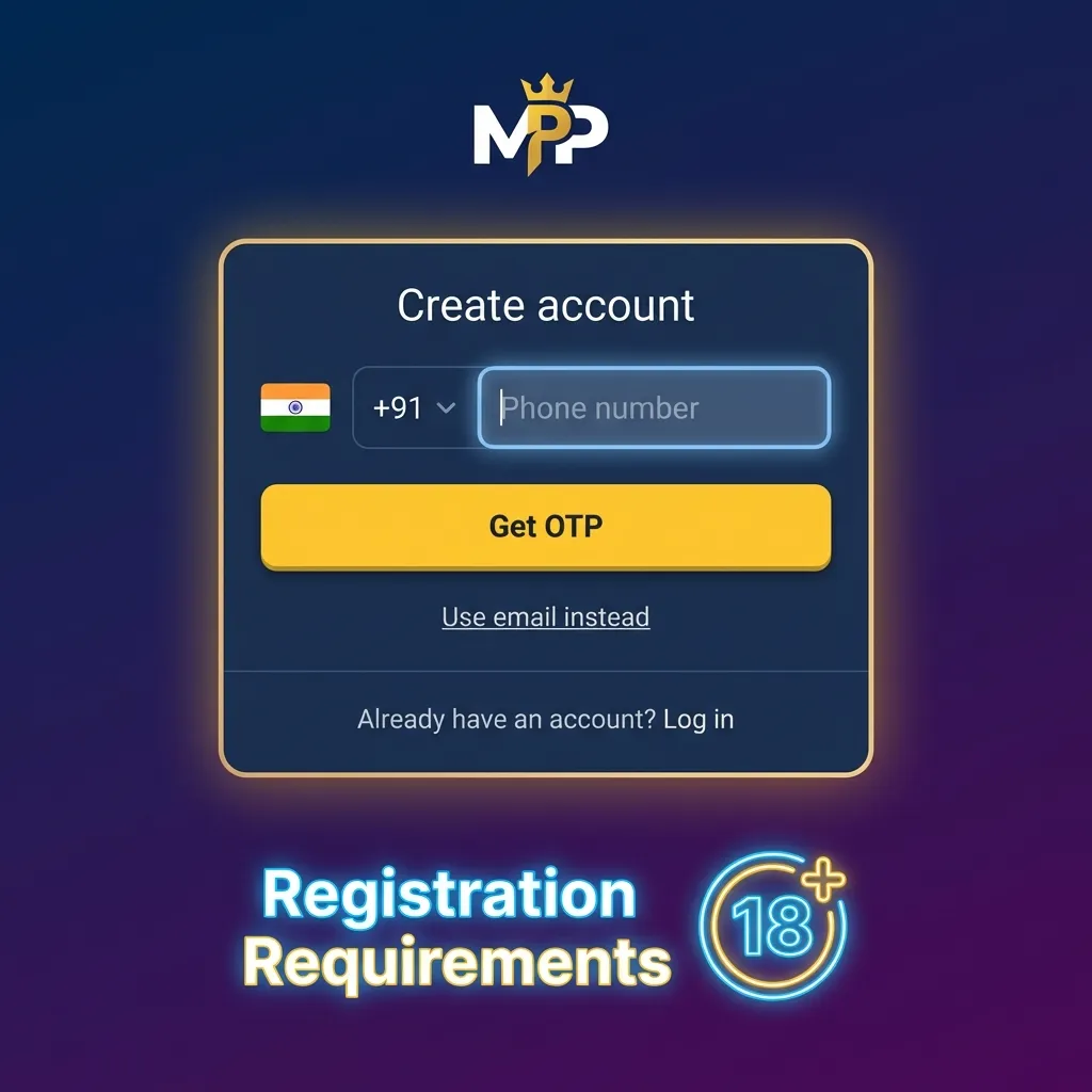 Graphic listing MegaPari India registration rules: 18+, real data, one account, KYC documents, legal location without VPN