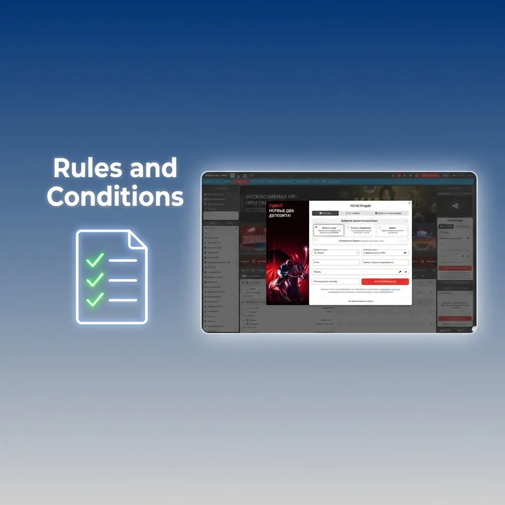 Rules and conditions screen listing age limits, one account rule, bonus terms, KYC checks, and fraud or misuse consequences