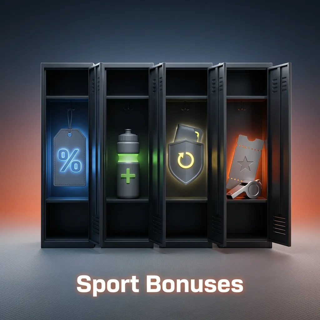 Sport bonuses banner with icons for welcome bonus, accumulator boost, cashback, and free bet offers on cricket and football