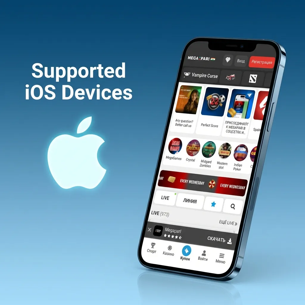 List of supported Apple devices for MegaPari iOS app on iOS 12 or later, including iPhone, iPad, and iPod models.