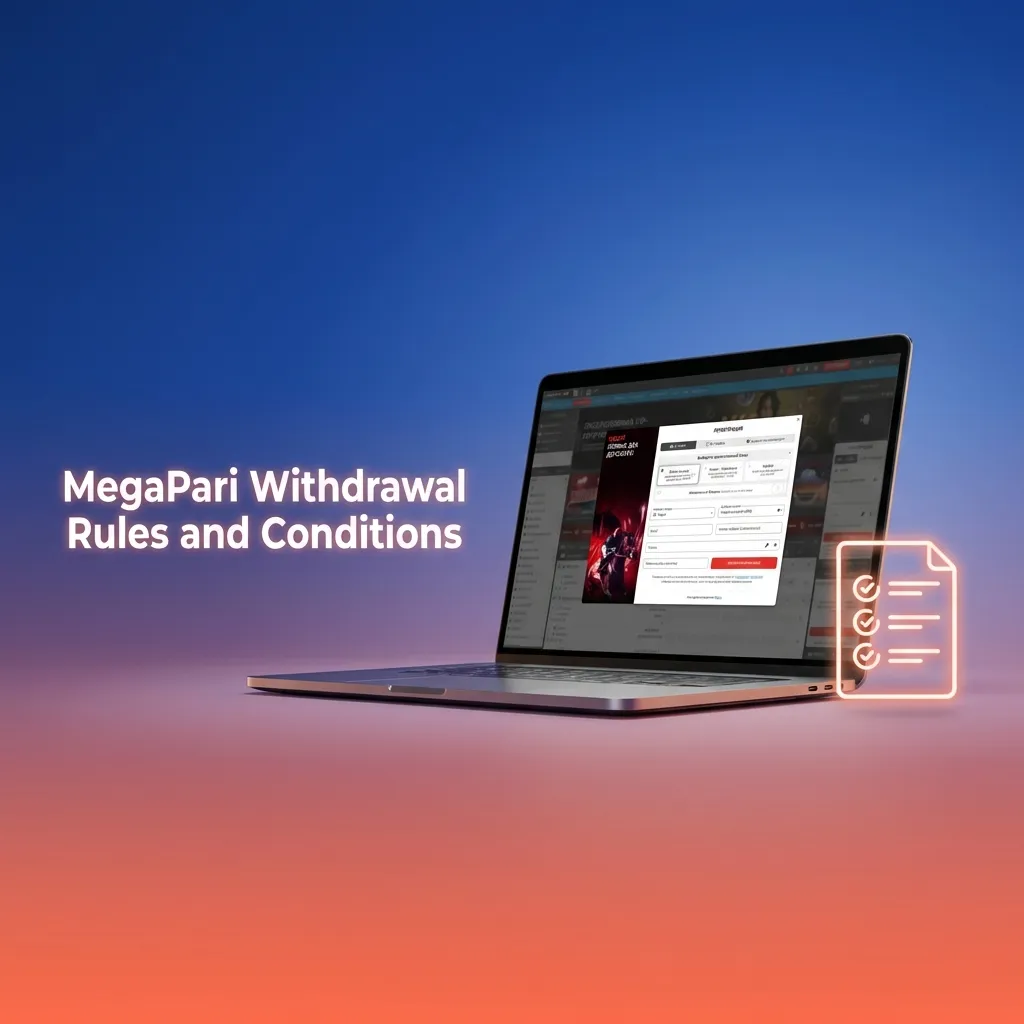 Infographic listing MegaPari India withdrawal rules: KYC, same method payouts, bonus wagering, limits, and one account policy