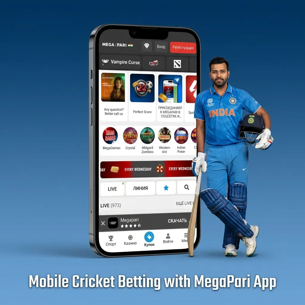 Smartphone screens showing MegaPari cricket betting app interface for Android and iOS in India