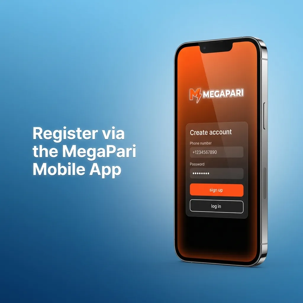 Smartphone showing MegaPari app registration screen with sign-up steps for Indian users