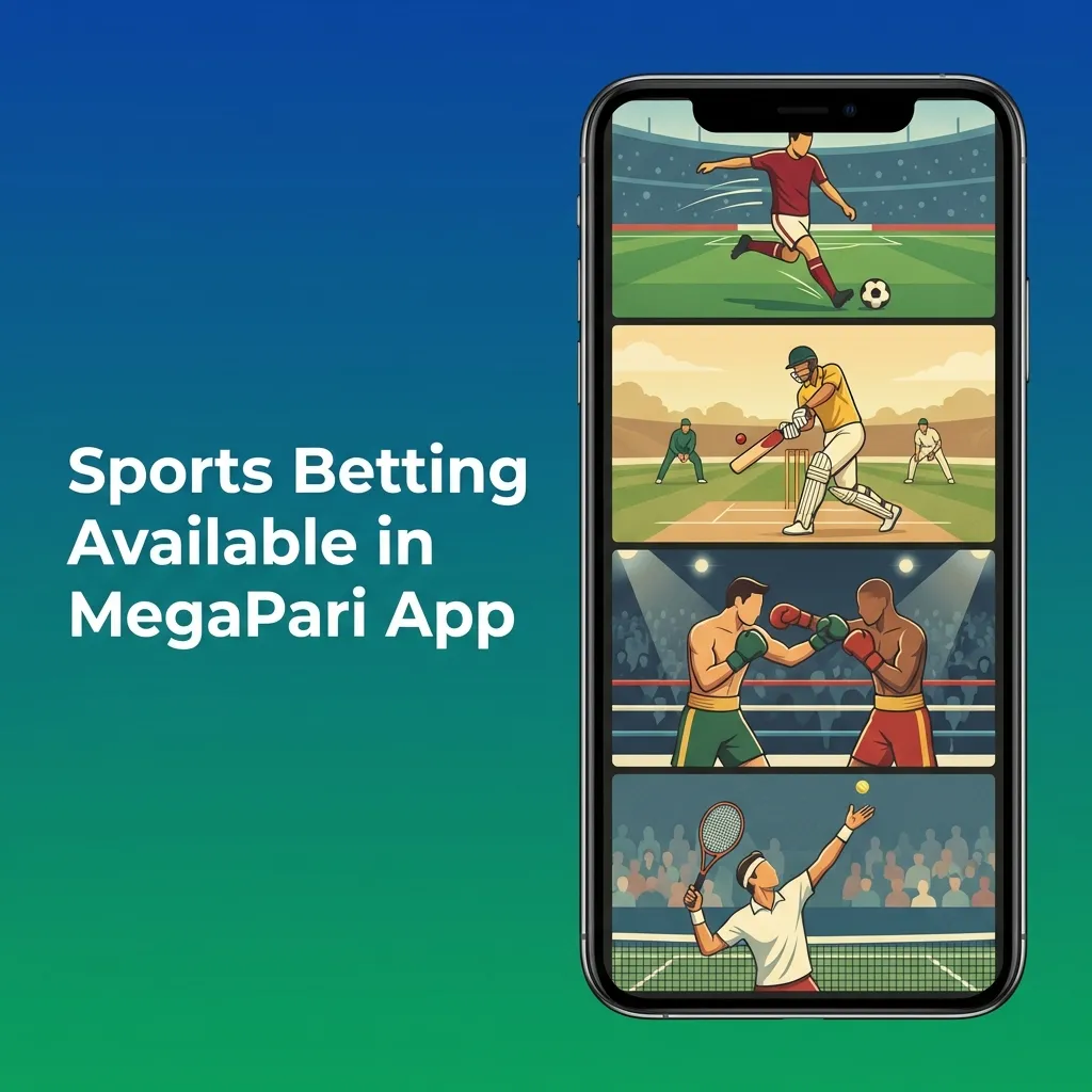 MegaPari app screen showing live odds and betting options for cricket, football, tennis, kabaddi, esports, and more